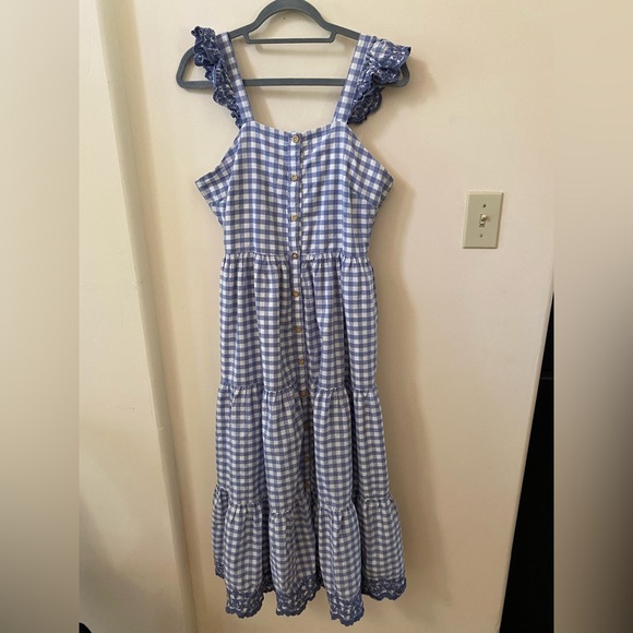SHABBY CHIC BLUE GINGHAM EMBROIDERED LACE MAXI DRESS SHORT SLEEVE GRANDMA CORE - Picture 1 of 10
